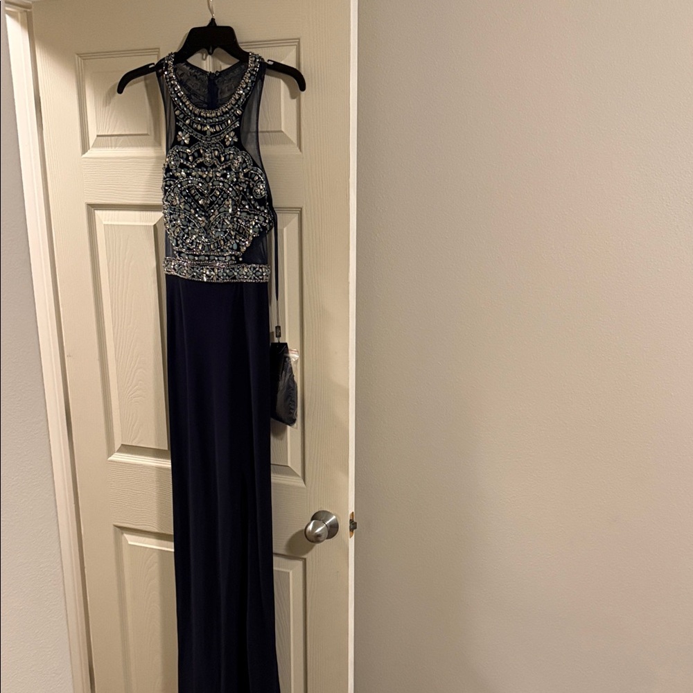 Sophisticated Navy Embellished Prom Dress